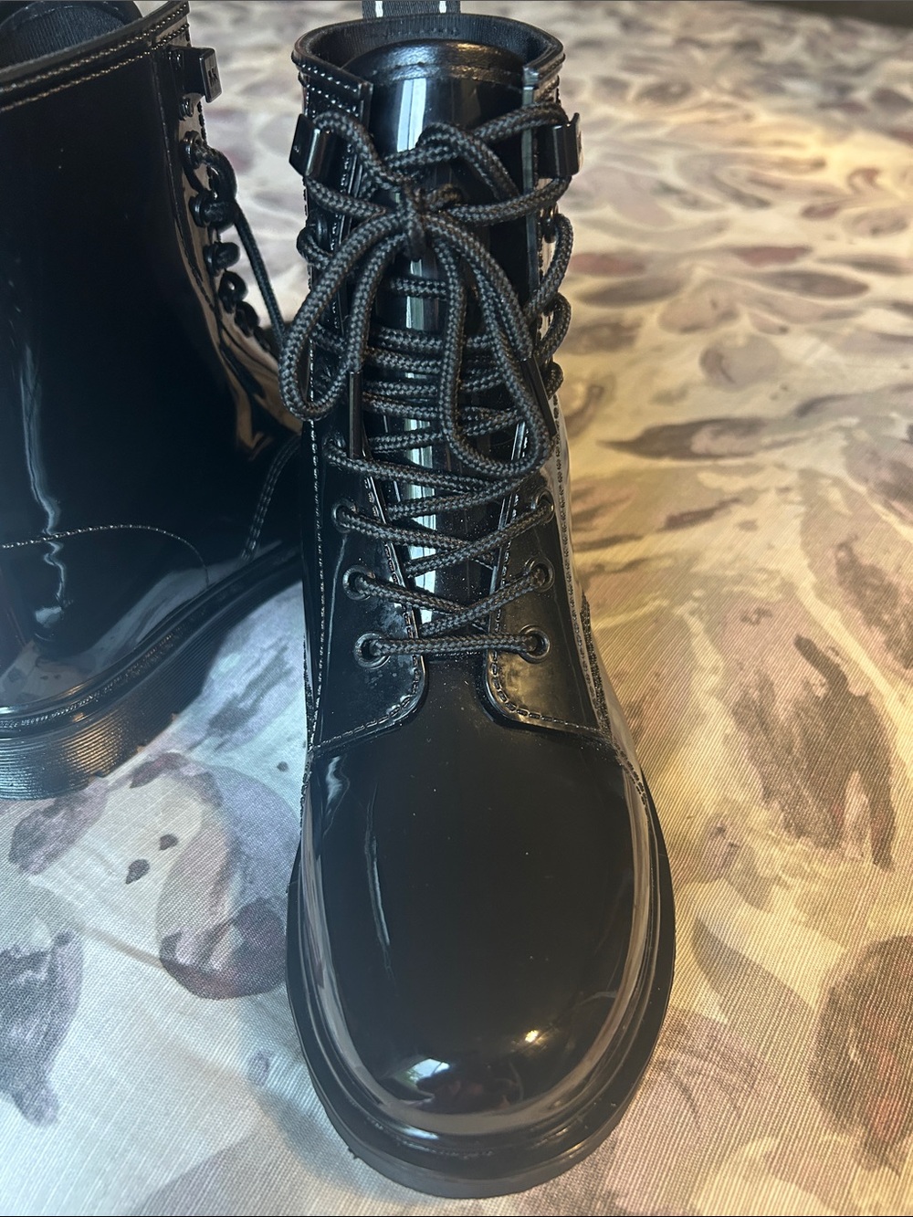 Michael Kors Black Patent Lace-Up Combat Boots with Logo Heel Tab - Picture 4 of 10